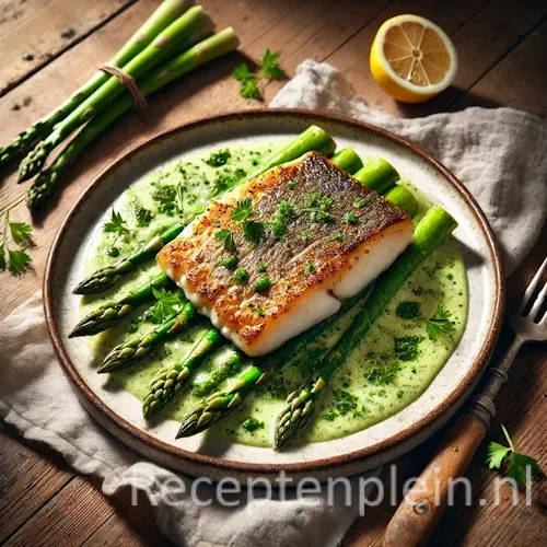 Griet met aspergeragout recept op een rustieke houten tafel
