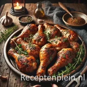 Hyper-realistische foodfoto van gemarineerde kipkluifjes met kruidenmix, goudbruin geroosterd en gegarneerd met verse tijm, geserveerd op een rustieke schaal op een houten tafel met knoflook, kruiden en linnen doek in warm sfeervol licht.