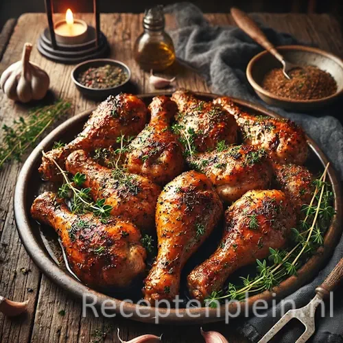 Hyper-realistische foodfoto van gemarineerde kipkluifjes met kruidenmix, goudbruin geroosterd en gegarneerd met verse tijm, geserveerd op een rustieke schaal op een houten tafel met knoflook, kruiden en linnen doek in warm sfeervol licht.