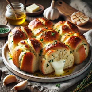 Gepofte knoflookbroodjes met kruidenboter en mozzarella, geserveerd op een rustieke houten tafel, met gesmolten kaas en verse kruiden.