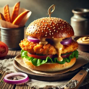 eroosterde sesam kipburger met honing-mosterdsaus, geserveerd op een rustieke houten tafel met sla, tomaat en rode ui in een briochebroodje.