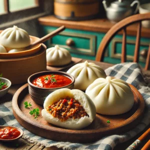 Een gezellige, gedetailleerde foto van vers gestoomde Bak Pao broodjes, geserveerd op een rustiek houten bord met een schaaltje pittige tomatensaus. De zachte, luchtige broodjes zijn licht geopend, waardoor de hartige gehaktvulling zichtbaar is. De setting toont een vintage keuken met warme houten werkbladen, blauwgroene kastjes en zacht natuurlijk licht dat door een groot raam schijnt. Omringende details zoals een stoompan, verse kruiden en een geruite doek zorgen voor een warme, uitnodigende Oosterse sfeer.