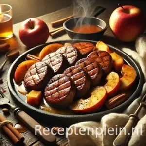 Hyper-realistische foodfoto van plakken gevogeltelever boudin met gekarameliseerde randjes, geserveerd met gebakken appelpartjes en glanzende appel-kaneelsaus op een donkere schaal op een rustieke houten tafel, met hele appels, kaneelstokjes en linnen doek in warm sfeervol avondlicht.