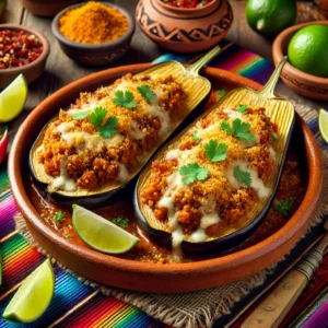 Een Mexicaans geïnspireerde presentatie van gevulde aubergines (Boelansjé), geserveerd in een rustieke aardewerken schaal. De gehalveerde aubergines zijn gevuld met een gekruid gehaktmengsel, bedekt met goudbruin paneermeel, gesmolten kaas en een lichte strooiing van verse koriander. De presentatie wordt aangevuld met partjes limoen en kleurrijke chilipepers, op een tafel met levendige Mexicaanse textielpatronen en warm sfeervol licht. 🌶️🍆✨
