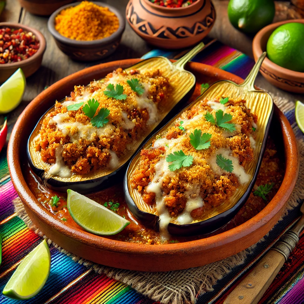 Een Mexicaans geïnspireerde presentatie van gevulde aubergines (Boelansjé), geserveerd in een rustieke aardewerken schaal. De gehalveerde aubergines zijn gevuld met een gekruid gehaktmengsel, bedekt met goudbruin paneermeel, gesmolten kaas en een lichte strooiing van verse koriander. De presentatie wordt aangevuld met partjes limoen en kleurrijke chilipepers, op een tafel met levendige Mexicaanse textielpatronen en warm sfeervol licht. 🌶️🍆✨