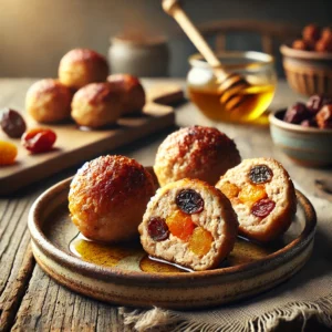 Een rustieke foto van bijzonder gevuld gehakt, geserveerd op een keramieken bord op een doorleefde houten tafel. De goudbruine kipgehaktballen zijn perfect gebakken en hebben een licht knapperige buitenkant. Eén gehaktbal is doorgesneden, waardoor de zoete en hartige vulling van tutti frutti en honing zichtbaar is. Een lichte glazuur van de bakjus geeft extra smaak aan het gerecht. Op de achtergrond ligt een houten snijplank met extra gedroogd fruit en een schaaltje honing, subtiel vervaagd. Zacht natuurlijk licht zorgt voor een warme en uitnodigende sfeer.