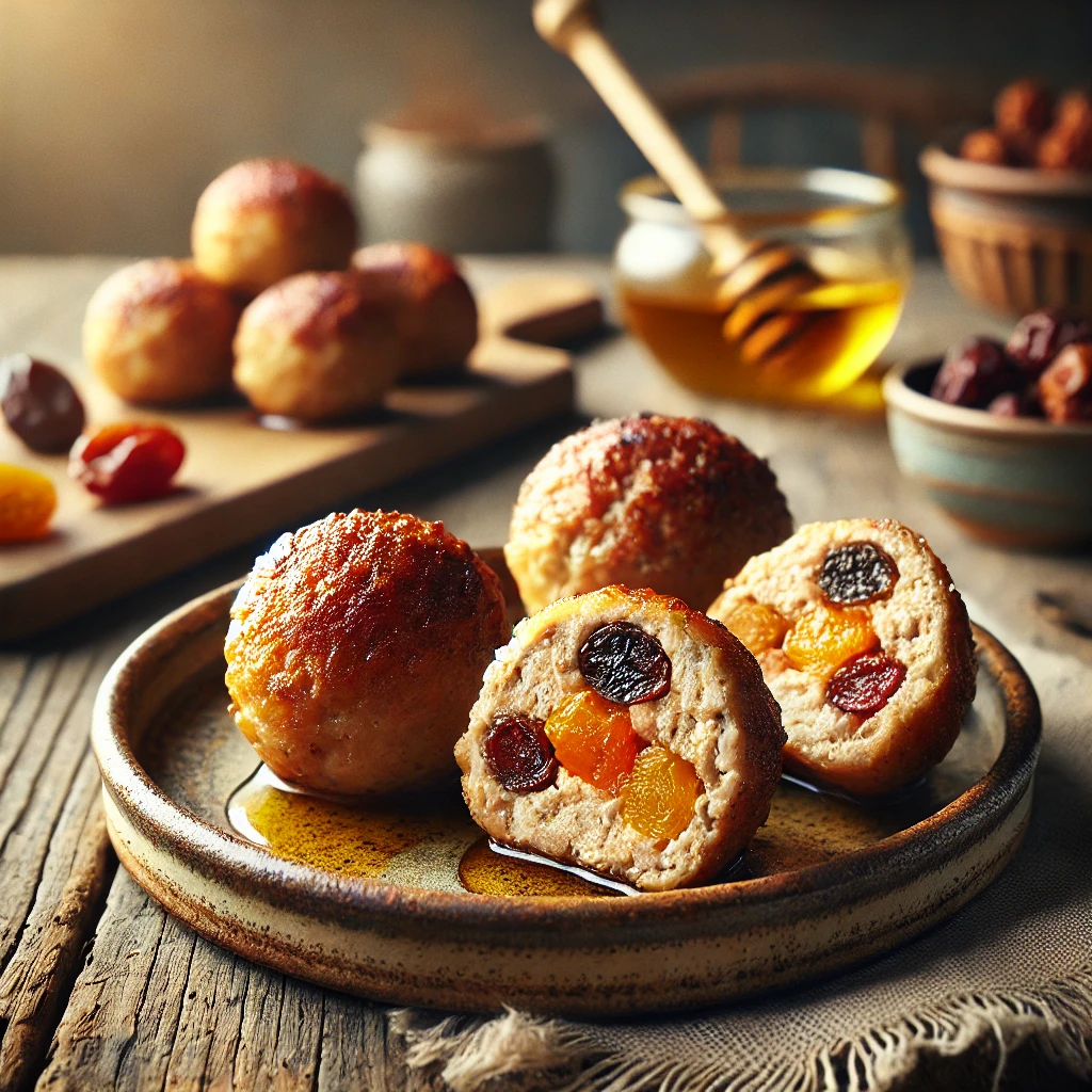 Een rustieke foto van bijzonder gevuld gehakt, geserveerd op een keramieken bord op een doorleefde houten tafel. De goudbruine kipgehaktballen zijn perfect gebakken en hebben een licht knapperige buitenkant. Eén gehaktbal is doorgesneden, waardoor de zoete en hartige vulling van tutti frutti en honing zichtbaar is. Een lichte glazuur van de bakjus geeft extra smaak aan het gerecht. Op de achtergrond ligt een houten snijplank met extra gedroogd fruit en een schaaltje honing, subtiel vervaagd. Zacht natuurlijk licht zorgt voor een warme en uitnodigende sfeer.