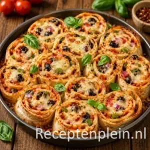Gevulde Tortilla Pizza Rolls op een rustieke houten tafel