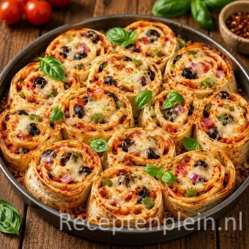 Gevulde Tortilla Pizza Rolls op een rustieke houten tafel
