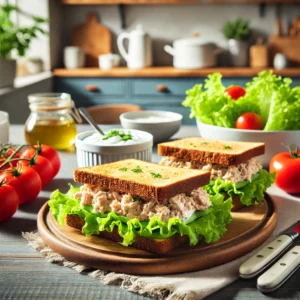 Een heerlijke en verse presentatie van tonijnsandwiches, gemaakt met geroosterd bruin brood, ijsbergsla en een romig tonijnmengsel. De boterhammen zijn geserveerd op een informele lunchtafel, met verse tomaten, een schaaltje yogonaisedressing en een frisse salade erbij. De achtergrond toont een lichte en uitnodigende keuken, met een decor dat eenvoud en versheid benadrukt.