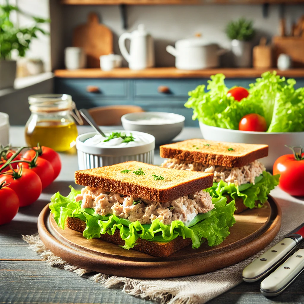 Een heerlijke en verse presentatie van tonijnsandwiches, gemaakt met geroosterd bruin brood, ijsbergsla en een romig tonijnmengsel. De boterhammen zijn geserveerd op een informele lunchtafel, met verse tomaten, een schaaltje yogonaisedressing en een frisse salade erbij. De achtergrond toont een lichte en uitnodigende keuken, met een decor dat eenvoud en versheid benadrukt.