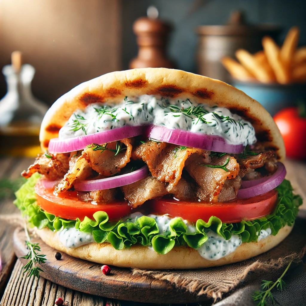 Warm pita broodje gevuld met gekruid gyrosvlees, verse sla, rode ui en tomaat, rijkelijk besprenkeld met romige tzatziki, geserveerd met krokante frietjes op een rustieke houten tafel.