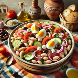 Een kleurrijke Griekse bonensalade geserveerd in een grote keramieken schaal. De salade bevat witte bonen, tomatenreepjes, komkommerschijfjes, rode uiringen, verkruimelde feta en zwarte olijven, gegarneerd met peterselie en plakjes hardgekookt ei. Het gerecht is aangemaakt met een lichte tomatenvinaigrette. De tafel is gedecoreerd met mediterrane elementen, zoals kleurrijke doeken, een mandje vers brood en een karafje olijfolie. De achtergrond toont een zonnige Griekse keuken met terracotta potten en witgekalkte muren, wat een frisse en zomerse sfeer creëert.