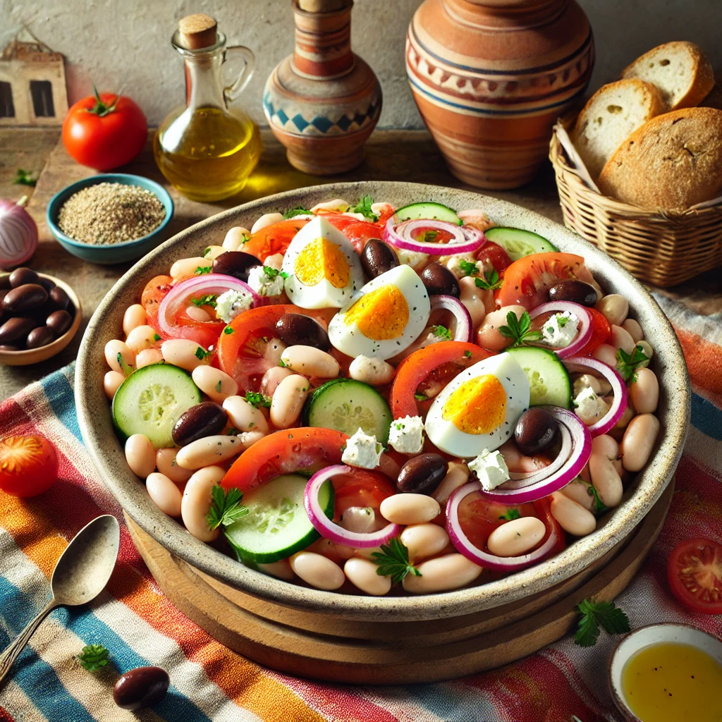 Een kleurrijke Griekse bonensalade geserveerd in een grote keramieken schaal. De salade bevat witte bonen, tomatenreepjes, komkommerschijfjes, rode uiringen, verkruimelde feta en zwarte olijven, gegarneerd met peterselie en plakjes hardgekookt ei. Het gerecht is aangemaakt met een lichte tomatenvinaigrette. De tafel is gedecoreerd met mediterrane elementen, zoals kleurrijke doeken, een mandje vers brood en een karafje olijfolie. De achtergrond toont een zonnige Griekse keuken met terracotta potten en witgekalkte muren, wat een frisse en zomerse sfeer creëert.