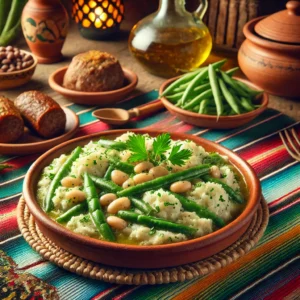 Een Mexicaans geïnspireerde presentatie van een Groene Boon en Aardappel Stamppot, geserveerd in een rustieke aardewerken kom op een kleurrijk Mexicaans tafelkleed. De stamppot is romig met zichtbare groene bonen en witte bonen, gegarneerd met een takje verse kruiden. Naast de stamppot liggen een gerookte worst en een gebakken gehaktbal. De achtergrond bevat traditionele Mexicaanse decoraties zoals terracotta aardewerk, geweven manden en warme sfeerverlichting.