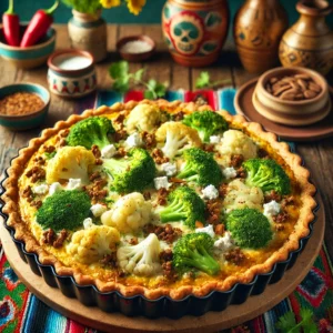 Romige bloemkool-broccolitaart met een knapperige bladerdeegbodem, gevuld met beetgare bloemkool- en broccoliroosjes, gekruid gehakt, zachte geitenkaas en een romig eimengsel. Afgewerkt met goudbruin gebakken amandelschaafsel en verse kruiden voor een smakelijke presentatie.