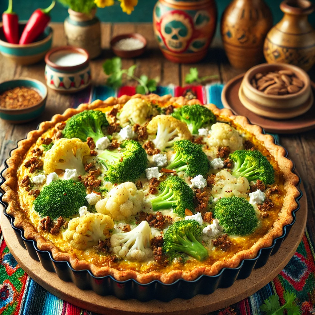 Romige bloemkool-broccolitaart met een knapperige bladerdeegbodem, gevuld met beetgare bloemkool- en broccoliroosjes, gekruid gehakt, zachte geitenkaas en een romig eimengsel. Afgewerkt met goudbruin gebakken amandelschaafsel en verse kruiden voor een smakelijke presentatie.