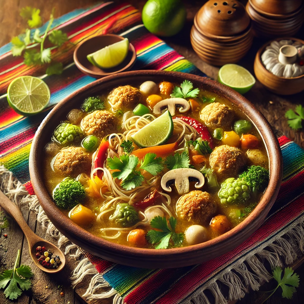 Een Mexicaans geïnspireerde presentatie van hartige kippensoep met gehaktballetjes, vermicelli, groenten en champignons, geserveerd in een rustieke aardewerken kom. De soep heeft een rijke gouden kleur en bevat malse stukjes kip, kleine gehaktballetjes, slierten vermicelli, kleurrijke soepgroenten en plakjes champignons. Afgewerkt met verse koriander en een partje limoen, staat de kom op een houten tafel met levendige Mexicaanse textielpatronen, sfeervol verlicht voor een warme en uitnodigende eetervaring. 🌶️🍲✨
