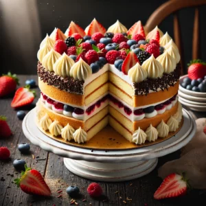 Belgische biscuittaart, gevuld met confituur en slagroom, afgewerkt met slagroom, hagelslag en vers fruit zoals aardbeien, blauwe bessen en frambozen, gepresenteerd op een witte cakestandaard op een donker, rustiek houten tafelblad, met extra vers fruit verspreid, in zacht natuurlijk licht.