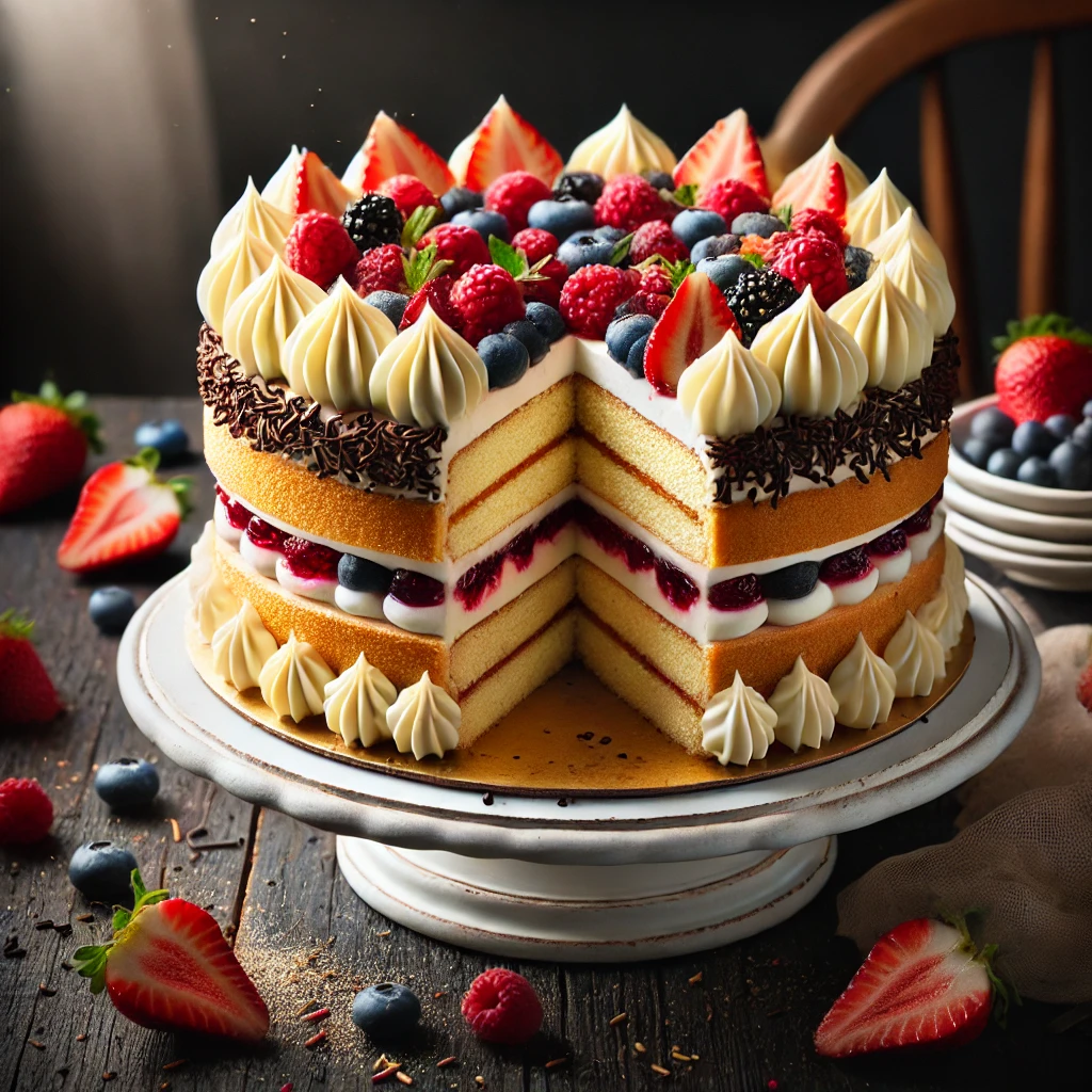 Belgische biscuittaart, gevuld met confituur en slagroom, afgewerkt met slagroom, hagelslag en vers fruit zoals aardbeien, blauwe bessen en frambozen, gepresenteerd op een witte cakestandaard op een donker, rustiek houten tafelblad, met extra vers fruit verspreid, in zacht natuurlijk licht.