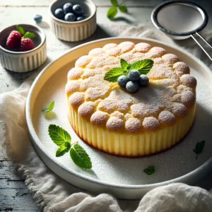 Luchtige biscuitcake, goudbruin gebakken en licht bestoven met poedersuiker, gepresenteerd op een wit keramieken bord, omringd door verse bessen en een takje munt, op een rustieke houten tafel in zacht natuurlijk licht.