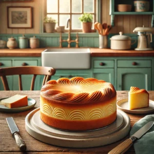 Een heerlijke en uitnodigende boterkoek, goudbruin en perfect gebakken, geserveerd op een rustiek keramisch bord. De setting toont een gezellige keuken met houten werkbladen, pastelgroene en blauwe kastjes en zacht natuurlijk licht dat door een raam valt. Details zoals een mes, een plakje boterkoek en rustieke keukengerei versterken de warme en huiselijke sfeer.