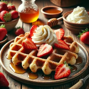 Een rustieke houten tafel met versgebakken croissantwafels, belegd met sappige aardbeien en luchtige slagroom. De wafels zijn goudbruin en krokant van buiten, zacht van binnen. Ernaast staan verse aardbeien, een schaaltje slagroom en een potje honing.