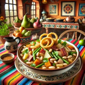 Een kleurrijke Mexicaanse bonenschotel geserveerd in een traditionele keramische schaal. De schotel bevat witte bonen, sperziebonen, wortels, appels, peren en stukken gerookt spek, gegarneerd met verse koriander en krokante uienringen. De tafel is versierd met levendige Mexicaanse textiel, handgeschilderd aardewerk en een kleine kan met jus. De achtergrond toont een warme Mexicaanse keuken met terracottategels, heldere kleuren en natuurlijke lichtinval, wat zorgt voor een feestelijke en uitnodigende sfeer.