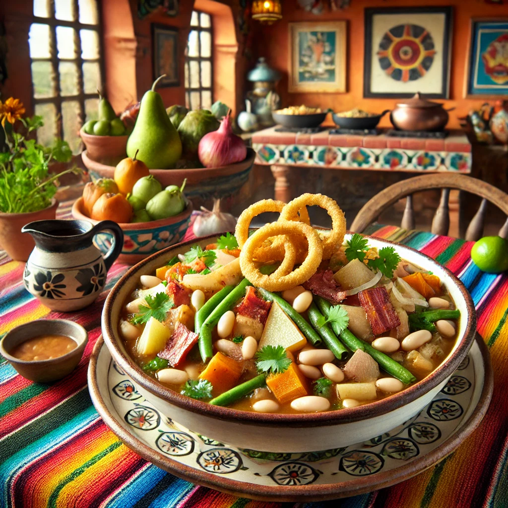 Een kleurrijke Mexicaanse bonenschotel geserveerd in een traditionele keramische schaal. De schotel bevat witte bonen, sperziebonen, wortels, appels, peren en stukken gerookt spek, gegarneerd met verse koriander en krokante uienringen. De tafel is versierd met levendige Mexicaanse textiel, handgeschilderd aardewerk en een kleine kan met jus. De achtergrond toont een warme Mexicaanse keuken met terracottategels, heldere kleuren en natuurlijke lichtinval, wat zorgt voor een feestelijke en uitnodigende sfeer.