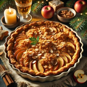 Een warme, feestelijke kruimeltaart met appels en amandelen, goudbruin gebakken en bestrooid met krokante amandelen, geserveerd in een rustieke ovenschaal op een gezellige kersttafel met dennentakjes, kaarsen en een glas zoete witte wijn.