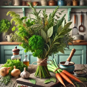 Een rustieke en kleurrijke opstelling van een Frans bouquet garni, gepresenteerd op een houten werkblad. Het kruidenboeket bevat takjes peterselie, tijm en laurier, bijeengebonden met keukentouw. Rondom liggen extra kruiden en groenten zoals rozemarijn, salie, prei, wortels, bleekselderij, venkel en uien. De setting toont een gezellige vintage keuken met houten werkbladen, pastelgroene en blauwe kastjes, en zacht natuurlijk licht dat door een raam valt. Rustieke keukengerei en een schaaltje kruiden versterken de uitnodigende sfeer.