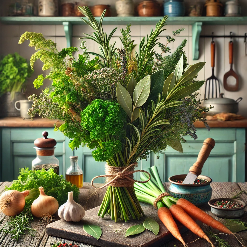 Een rustieke en kleurrijke opstelling van een Frans bouquet garni, gepresenteerd op een houten werkblad. Het kruidenboeket bevat takjes peterselie, tijm en laurier, bijeengebonden met keukentouw. Rondom liggen extra kruiden en groenten zoals rozemarijn, salie, prei, wortels, bleekselderij, venkel en uien. De setting toont een gezellige vintage keuken met houten werkbladen, pastelgroene en blauwe kastjes, en zacht natuurlijk licht dat door een raam valt. Rustieke keukengerei en een schaaltje kruiden versterken de uitnodigende sfeer.