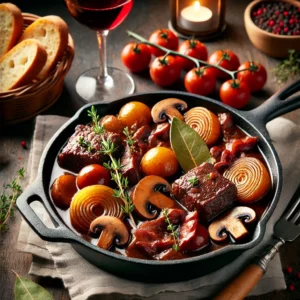 Een smaakvolle Boeuf Bourguignon geserveerd in een rustieke gietijzeren pan op een houten tafel. Het gerecht bestaat uit malse stukjes rundvlees, goudbruine zilveruitjes, plakjes champignons en krokante spekblokjes, alles gesmoord in een rijke, glanzende rode wijnsaus. Verse tijm en een laurierblad sieren het gerecht. Naast de pan staan een glas rode wijn, een mandje knapperig brood en een linnen servet, in een warme en sfeervolle Franse keukensetting. 🍷🍲✨