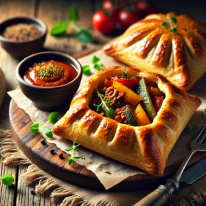 Knapperige bladerdeegpakketjes gevuld met ratatouille en rundergehakt, goudbruin gebakken en gerangschikt op een rustiek houten bord, geserveerd met een schaaltje dipsaus en verse kruiden, gepresenteerd op een houten tafel in warm natuurlijk licht.