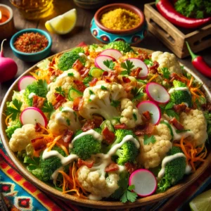 Knapperige bloemkool-broccolisalade met frisse radijs, geraspte wortel, knapperige bacon en een romige citroenmayonaise-yoghurtdressing. Afgewerkt met fijngesneden bosui en verse peterselie voor extra smaak en kleur. Een frisse en smaakvolle salade.