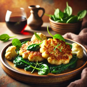 Een smaakvol gepresenteerd bord met goudbruine bloemkoolbeignets op een bedje van kort gebakken spinazie, besprenkeld met balsamicoazijn. Het gerecht ligt op een rustieke keramische schaal met subtiele natuurlijke achtergrondelementen en zacht licht dat de frisheid en kleur benadrukt. 🍃🥦✨
