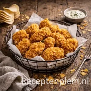 Hyper-realistische foodfoto van goudbruine kipnuggets met een grove, extra knapperige Pringles-korst, geserveerd in een zwart metalen mandje met bakpapier op een rustieke houten tafel, met een schaaltje romige dipsaus, losse chips en kruimels in warm natuurlijk licht.