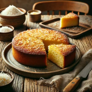 Een rustieke foto van een versgebakken kokos-boterkoek, geserveerd op een keramieken bord op een doorleefde houten tafel. De goudbruine koek heeft een licht krokante korst met een zachte, boterachtige binnenkant. Een royale laag geroosterde kokosvlokken is eroverheen gestrooid voor extra smaak en textuur. Een uitgesneden stuk onthult de smeuïge, rijke consistentie. Op de achtergrond ligt een houten snijplank met extra kokosvlokken en een schaaltje boter, subtiel vervaagd. Zacht natuurlijk licht zorgt voor een warme en uitnodigende sfeer.