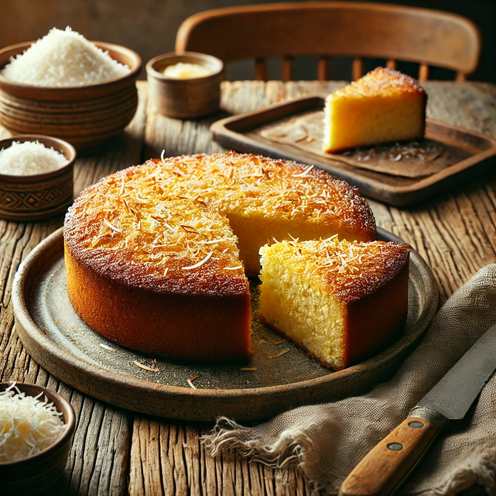 Een rustieke foto van een versgebakken kokos-boterkoek, geserveerd op een keramieken bord op een doorleefde houten tafel. De goudbruine koek heeft een licht krokante korst met een zachte, boterachtige binnenkant. Een royale laag geroosterde kokosvlokken is eroverheen gestrooid voor extra smaak en textuur. Een uitgesneden stuk onthult de smeuïge, rijke consistentie. Op de achtergrond ligt een houten snijplank met extra kokosvlokken en een schaaltje boter, subtiel vervaagd. Zacht natuurlijk licht zorgt voor een warme en uitnodigende sfeer.