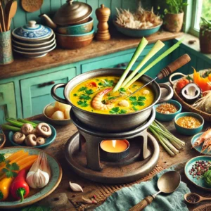 Een warme en uitnodigende foto van een geurige kokos-kruiden fondue, geserveerd in een traditionele fonduepan op een rechaud. De goudkleurige bouillon is verrijkt met kurkuma, koriander en kokosmelk, gegarneerd met verse kruiden en een stengel citroengras. Rondom de fonduepot staan kleurrijke schalen met groenten zoals champignons, paprikareepjes en peultjes, samen met rauwe garnalen, vis en vlees voor het dippen. De setting toont een gezellige keuken met houten werkbladen, pastelgroene en blauwe kastjes, en zacht natuurlijk licht dat door een raam valt. Rustieke keukengerei en kleine schaaltjes met dipsaus maken de uitnodigende sfeer compleet.