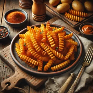 Een bord met goudbruine, krokante aardappelsticks, kruidig gekruid met Italiaanse kruiden, paprika en zout. De aardappelsticks hebben een perfect gesneden kruispatroon voor een extra knapperige textuur. Geserveerd met een bijpassende dipsaus, een vintage vork en een linnen servet op een rustieke houten tafel. Op de achtergrond een houten snijplank met extra aardappelen, een schaaltje kruidenmix en een flesje frituurolie. De warme, natuurlijke belichting benadrukt de knapperige korst en de rijke smaken van dit heerlijke bijgerecht of borrelhapje.