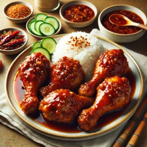 Een smakelijk en uitnodigend bord met Bonski Kip, met goudbruine drumsticks geglazuurd in een rijke, plakkerige saus van ketjap, sambal en bruine suiker. Het gerecht wordt geserveerd met luchtige witte rijst en frisse komkommerslices. De setting toont een warme, informele eettafel met kleine schaaltjes sambal en ketjap, wat zorgt voor een troostrijke en appetijtelijke sfeer, perfect voor een familiemaaltijd.