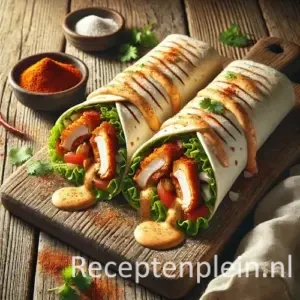 Hyper-realistische foodfoto van een kruidige kip twister wrap, diagonaal doorgesneden met krokante kip, sla, tomaat en rode ui, overgoten met romige zelfgemaakte saus op een houten plank op een rustieke houten tafel met kruiden en linnen doek in warm daglicht.