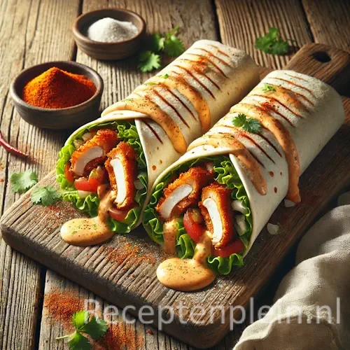 Hyper-realistische foodfoto van een kruidige kip twister wrap, diagonaal doorgesneden met krokante kip, sla, tomaat en rode ui, overgoten met romige zelfgemaakte saus op een houten plank op een rustieke houten tafel met kruiden en linnen doek in warm daglicht.