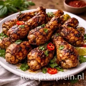Kruidige kipkluifjes van de grill op een rond keramisch bord, goudbruin gegrild en gegarneerd met rode peper en verse kruiden, geserveerd op een rustieke houten tafel met limoenpartjes, een schaaltje saus en een linnen doek bij warm natuurlijk licht.