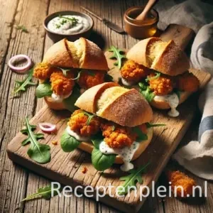 Hyper-realistische foodfoto van drie broodjes met kruidige kippeling, knapperige goudbruine kipstukjes met rucola en knoflooksaus, geserveerd op een houten plank op een rustieke houten tafel met dipsaus, rode ui en linnen doek in warm daglicht.