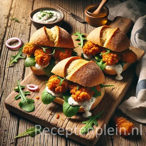 Hyper-realistische foodfoto van drie broodjes met kruidige kippeling, knapperige goudbruine kipstukjes met rucola en knoflooksaus, geserveerd op een houten plank op een rustieke houten tafel met dipsaus, rode ui en linnen doek in warm daglicht.