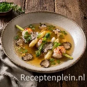 Langoustine Bouillon met Witte en Groene Asperges op rustieke houten tafel