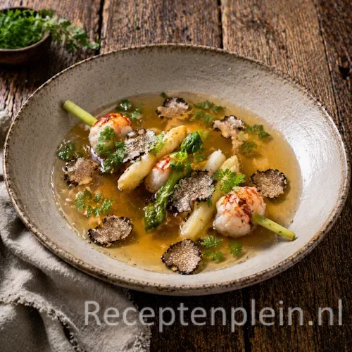 Langoustine Bouillon met Witte en Groene Asperges op rustieke houten tafel