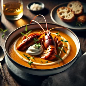Luxe bisque van langoustines, geserveerd in een witte kom met gebakken langoustinestaarten, een quenelle van opgeklopte room, en gegarneerd met sakuracress, gepresenteerd op een donker rustieke houten tafel met een glas witte wijn en knapperig brood erbij in warm natuurlijk licht.